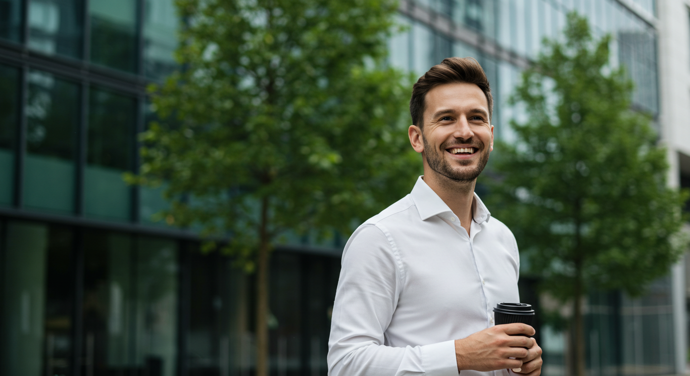 Homem sorrindo na frente de um edificio empresarial pois está contente que descobriu o melhor regime para o seu negócio