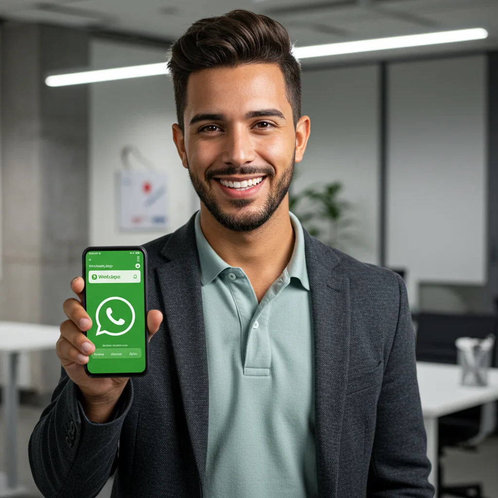 Homem segurando um celular com a foto do WhatsApp